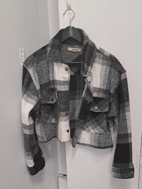 Harlow Black and White Plaid Cropped Faux Wool Jacket